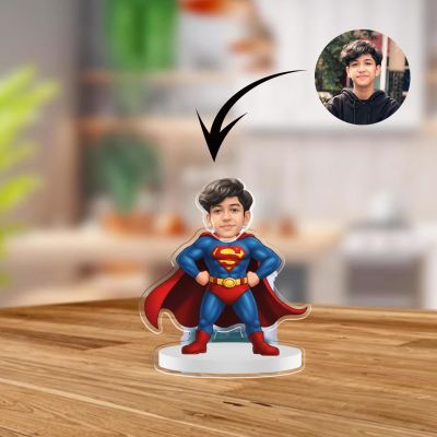 Personalized Super Man Cartoon Theme Funny Face Caricature Birthday Return Gift for Kids, Girls & Boys Solar Powered Moving Head for Car Dashboard & Table Decor